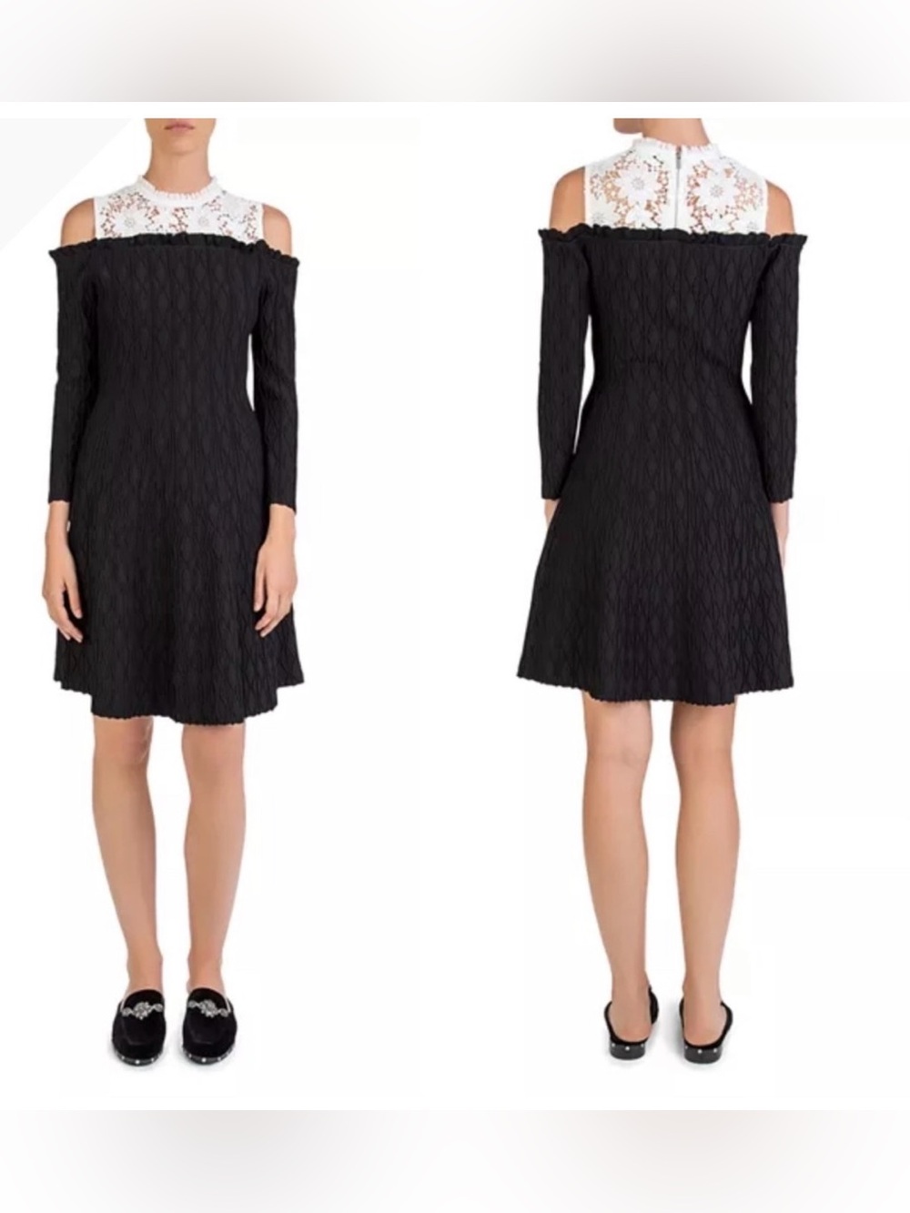 The Kooples Black White Cold Shoulder A-line Zigzag Knit Texture Dress Sz US4